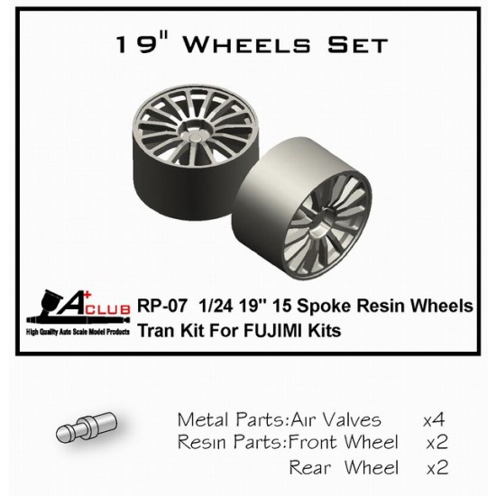 1/24 19inch 15 Spoke Resin Wheel w/Air Valves (4pcs) for Fujimi kits