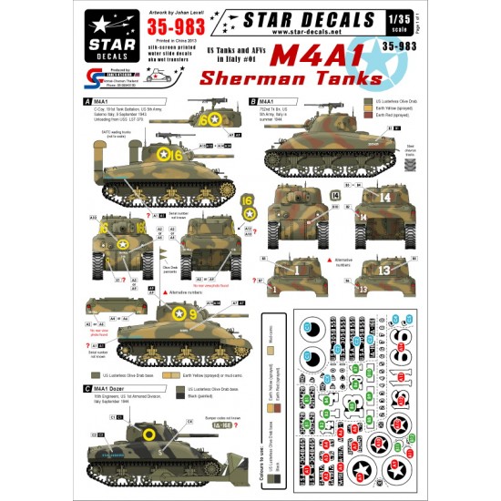 Decals for 1/35 US M4A1 Sherman Tanks in Italy