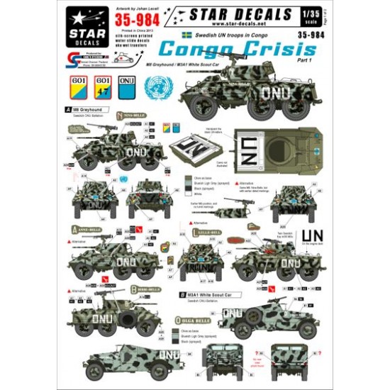 1/35 Congo Crisis Decals for Swedish M8 Greyhound and M3A1 White Scout Car 1960s
