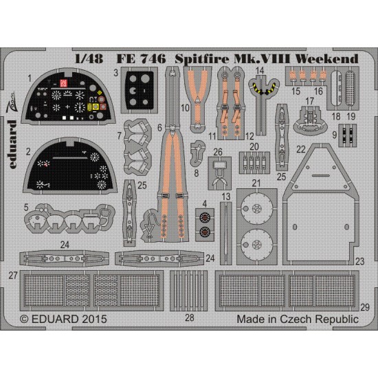 1/48 Supermarine Spitfire Mk.VIII Weekend Interior Detail Set for Eduard kit (1 PE sheet)