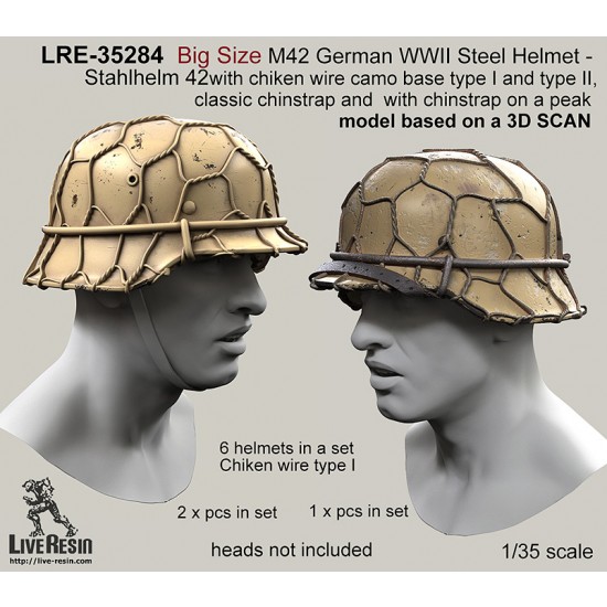 1/35 German Steel Helmet M42 - Stahlhelm 42 w/Chiken Wire Camo Base Type I & II (Big Size, 6pcs)