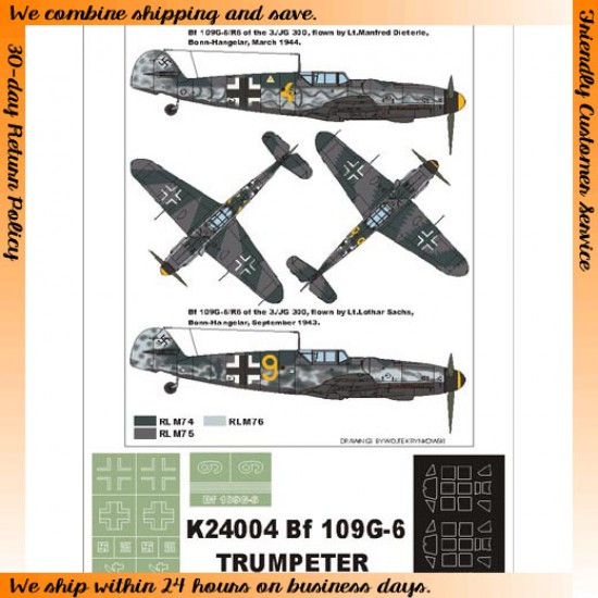 1/24 Bf-109G-6 Paint Mask for Hasegawa (Canopy Masks + Insignia Masks)