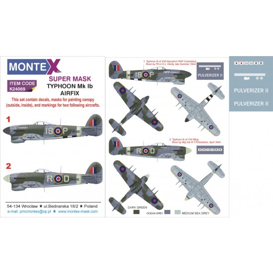 1/24 Hawker Typhoon Mk Ib Paint Mask for Airfix (Canopy Masks +Insignia Mask x3 +Decals)