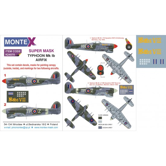 1/24 Hawker Typhoon Mk Ib Paint Mask for Airfix (Canopy Masks +Insignia Mask x5 +Decals)