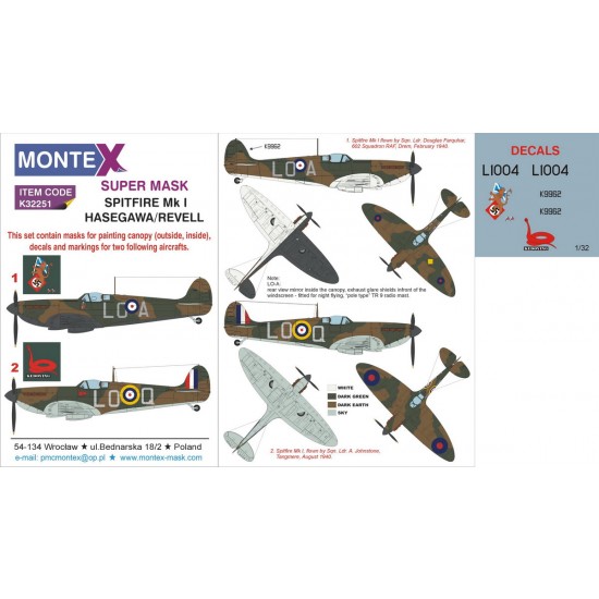 1/32 Spitfire Mk.I Paint Mask for Revell/Hasegawa (Canopy Masks+Insignia Masks+Decals)