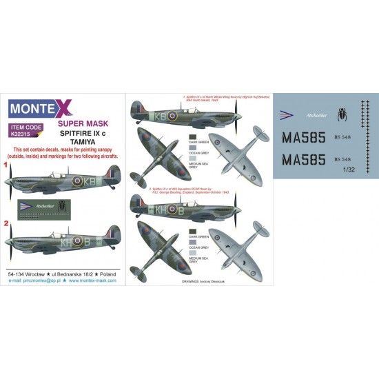1/32 Spitfire Mk.IXc Paint Mask for Tamiya kit (Canopy Masks + Insignia Masks + Decals)