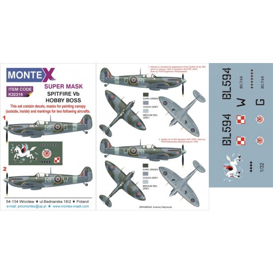 1/32 Spitfire Mk.Vb Paint Mask for Hobby Boss kit (Canopy Masks + Insignia Masks + Decals)