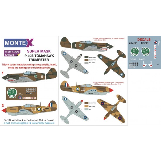1/48 P-40B Tomahawk Paint Mask for Trumpeter kit (Canopy Masks +Insignia Mask +Decals)