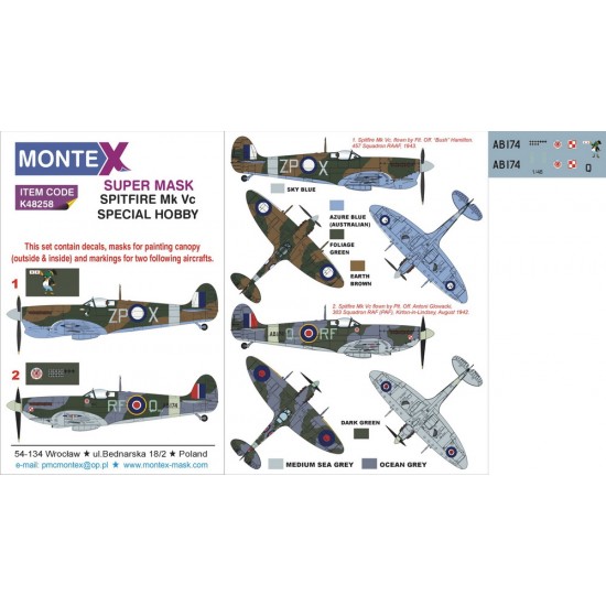 1/48 Spitfire Mk.Vc Paint Mask for Special Hobby kit (Insignia&Canopy Masks + Decals)