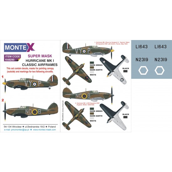 1/48 Hawker Hurricane Mk.I Paint Mask for Classic Airframes (Insignia&Canopy Masks+Decals)
