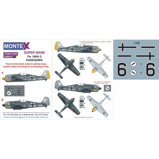 1/48 Focke-Wulf Fw 190A-3 Paint Mask for Hasegawa (Canopy Masks + Insignia Mask + Decals)