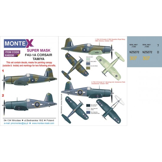 1/48 Vought F4U-1A Corsair Paint Mask for Tamiya (Canopy Masks + Insignia Masks + Decals)