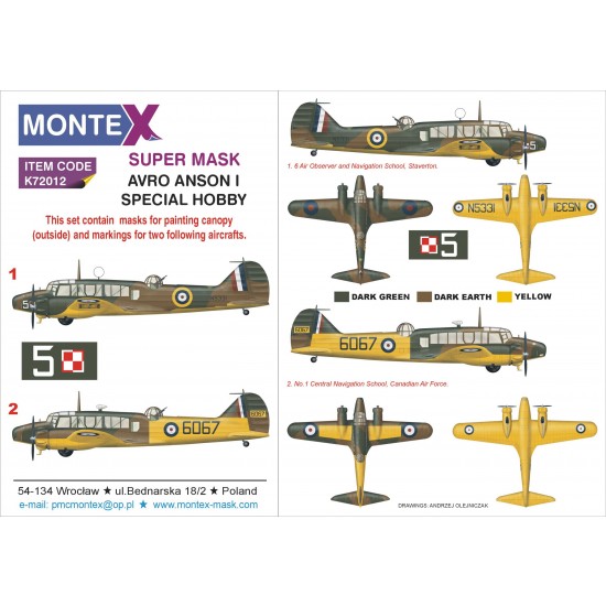1/72 Avro Anson I Paint Mask for Special Hobby kit (Canopy Mask + Insignia Mask + Decals)