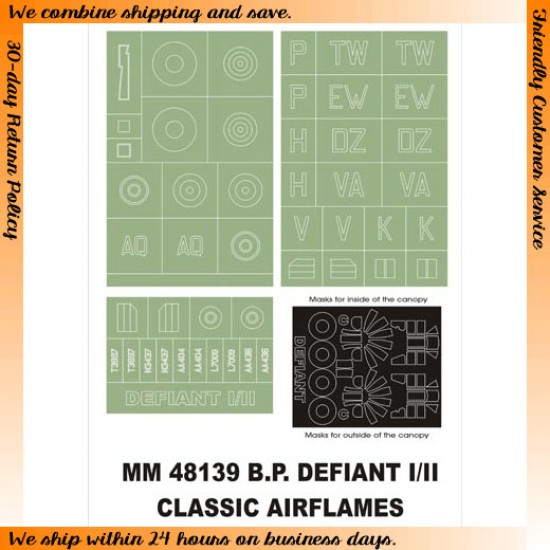 1/48 BP Defiant I/II Paint Mask for Classic Airframes kit (Canopy Masks + Insignia Masks)