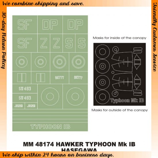 1/48 Typhoon Mk IB (Bubbletop) Paint Mask for Hasegawa kit (Canopy Masks + Insignia Masks)