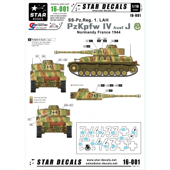 1/16 Decals for Pz.Kpfw.IV Ausf.J SS-Pz.Regiment 1 LAH in Normandy France 1944