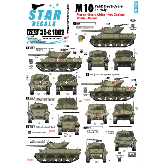 1/35 Decals for M10 Tank Destroyer in Italy-France,South Africa,New Zealand,Britain,Poland