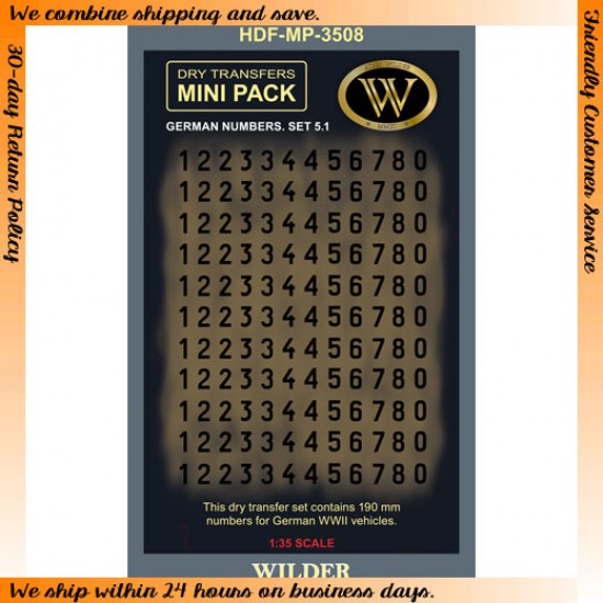 1/35 Dry Transfer - WWII German Numbers for Vehicles Set 5.1 (Black, 190mm) 
