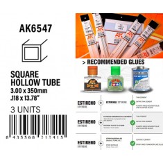 Styrene Square Hollow Tube 3.00x350mm, W.T. 0.7mm (3pcs)