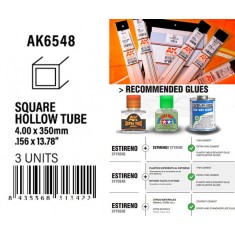 Styrene Square Hollow Tube 4.00x350mm, W.T. 0.7mm (3pcs)