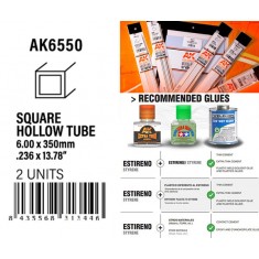 Styrene Square Hollow Tube 6.00x350mm, W.T. 0.7mm (2pcs)
