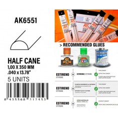 Styrene Half Cane 1.00 x 350mm (5pcs)