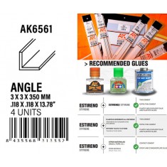 Styrene Angle 3 x 3 x 350mm (4pcs)