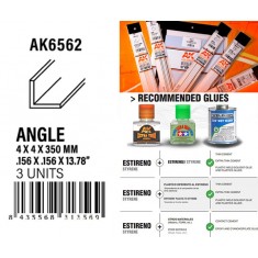 Styrene Angle 4 x 4 x 350mm (3pcs)