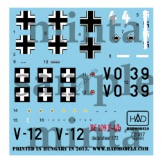 Decals for 1/72 Me Bf 109 F-4/b (Hungarian V039 Aladar Heppes, V12, German white 4)