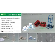1/35 Drinks Set (Hand Trolley+Plastic Bottle Crate+Carton Box+Glass Bottle+Mineral Water)