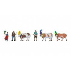 HO Scale Alpine Cattle Drive (3 coloured figures with 3 cows)