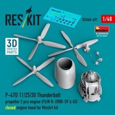 1/48 P-47D Propeller (3) & R-2800 Engine Closed Hood for MiniArt