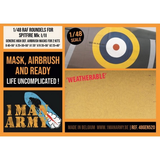 1/48 RAF Spitfire Mk I/II Roundels Generic Airbrush Masks Set for over 20 kits 1/48 RAF Spitfire Mk I/II Roundels Generic Airbrush Masks Set for over 20 kits
