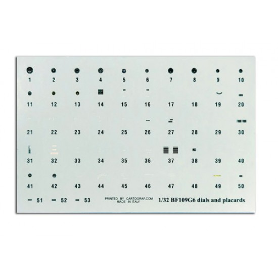 Decals for 1/32 Messerschmitt Bf-109G Cockpit Stencils, Placards with Instrument Panel Decals for 1/32 Messerschmitt Bf-109G Cockpit Stencils, Placards with Instrument Panel