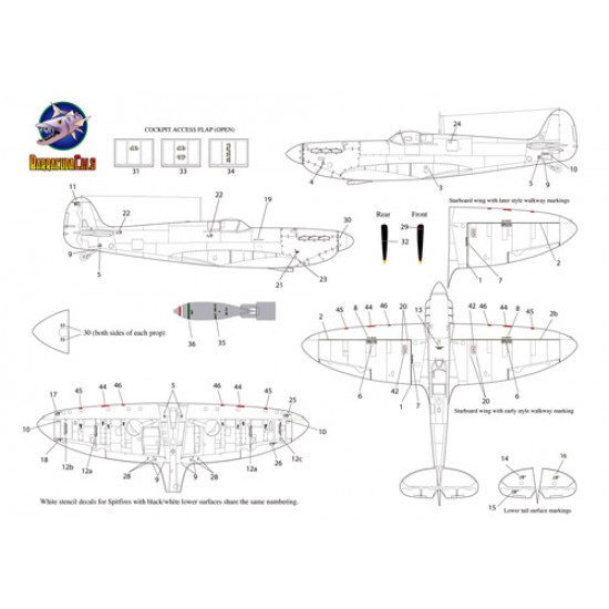 Decals for 1/48 Supermarine Spitfire Early Mark Airframe Stencils Decals for 1/48 Supermarine Spitfire Early Mark Airframe Stencils