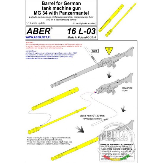 1/16 Turned Barrel for WWII German Tank Machine Gun MG-34 w/Panzer Mantel 1/16 Turned Barrel for WWII German Tank Machine Gun MG-34 w/Panzer Mantel