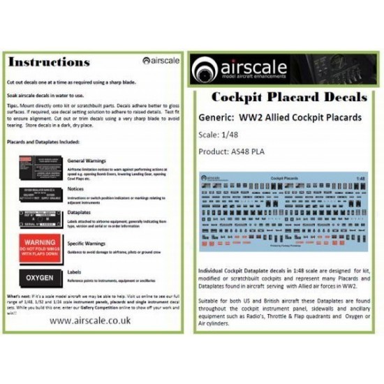 1/48 WWII Allied Cockpit Placards & Dataplates Decals 1/48 WWII Allied Cockpit Placards & Dataplates Decals