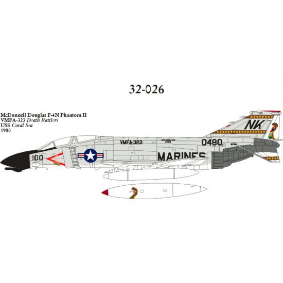 Decals for 1/32 F-4N Phantom II VMFA-323 USS Coral Sea, CV-43, CVW-14 Death Rattlers 1980 Decals for 1/32 F-4N Phantom II VMFA-323 USS Coral Sea, CV-43, CVW-14 Death Rattlers 1980