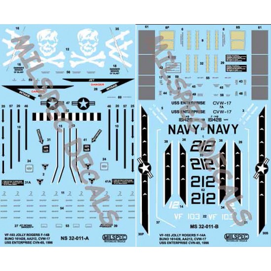 Decals for 1/32 VF-103, Jolly Rogers, Grumman F-14B Tomcat, USS Enterprise, CVN-65, CVW-17 1996 Decals for 1/32 VF-103, Jolly Rogers, Grumman F-14B Tomcat, USS Enterprise, CVN-65, CVW-17 1996