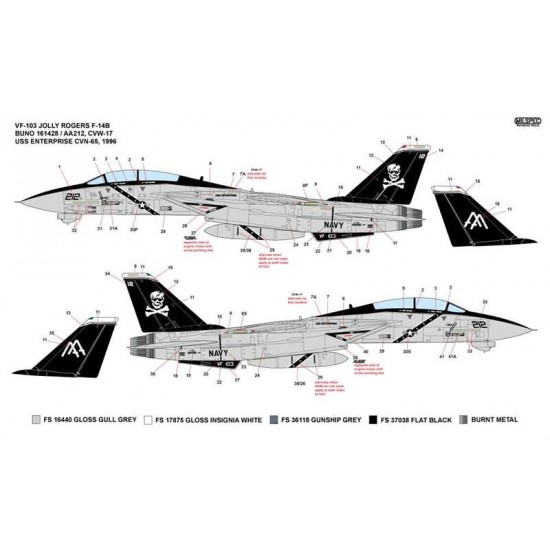 Decals for 1/32 VF-103, Jolly Rogers, Grumman F-14B Tomcat, USS Enterprise, CVN-65, CVW-17 1996 Decals for 1/32 VF-103, Jolly Rogers, Grumman F-14B Tomcat, USS Enterprise, CVN-65, CVW-17 1996