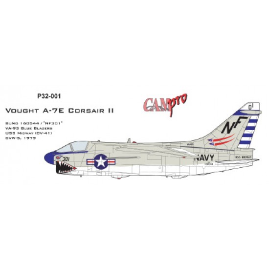 Decals for 1/32 LTV A-7E Corsair II VA-93 Blue Blazers NF301, CVW-5, USS Midway CV-41 1979 Decals for 1/32 LTV A-7E Corsair II VA-93 Blue Blazers NF301, CVW-5, USS Midway CV-41 1979