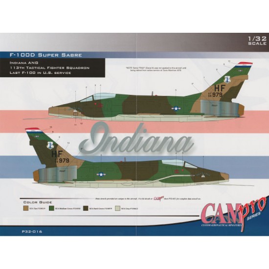 Decals for 1/32 F-100D Super Sabre 113th TFS Indiana ANG