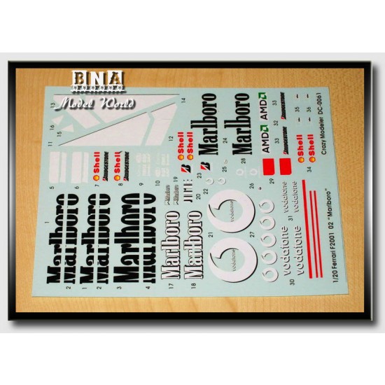 Decals for 1/20 Ferrari F2001 02 Marlboro Decals for 1/20 Ferrari F2001 02 Marlboro