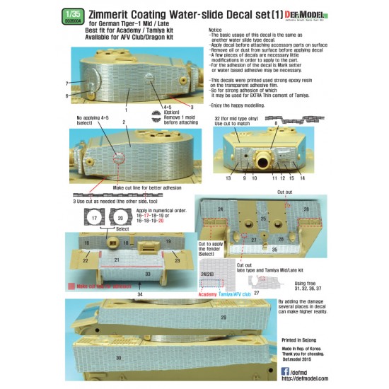 1/35 Tiger I Mid/Late Zimmerit Coating Decals Set #1 for Academy/AFV Club/Dragon/Tamiya 1/35 Tiger I Mid/Late Zimmerit Coating Decals Set #1 for Academy/AFV Club/Dragon/Tamiya