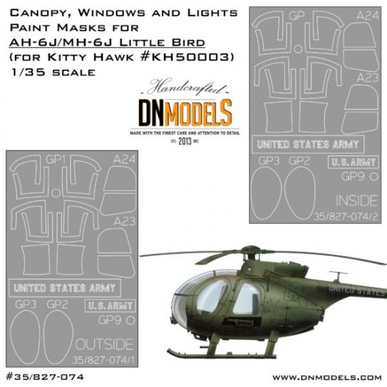 1/35 Little Bird AH-6J/MH-6J Canopy, Windows & Lights Paint Masks for Kitty Hawk #KH50003 1/35 Little Bird AH-6J/MH-6J Canopy, Windows & Lights Paint Masks for Kitty Hawk #KH50003