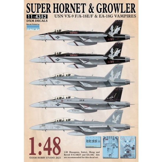 Decals for 1/48 USN Boeing F/A-18E/F Super Hornet & EA-18G Growler VX-9 Vampires Decals for 1/48 USN Boeing F/A-18E/F Super Hornet & EA-18G Growler VX-9 Vampires