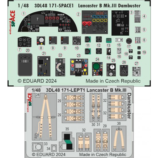 1/48 Lancaster B Mk.III Dambuster Instrument & Control Panels, Seatbelts for HK Models 1/48 Lancaster B Mk.III Dambuster Instrument & Control Panels, Seatbelts for HK Models