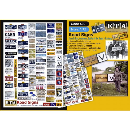 1/72 - 1/76 Road Signs from D-Day, Ardennes, Battle of the Bulge-Bastonge (2 sheets) 1/72 - 1/76 Road Signs from D-Day, Ardennes, Battle of the Bulge-Bastonge (2 sheets)