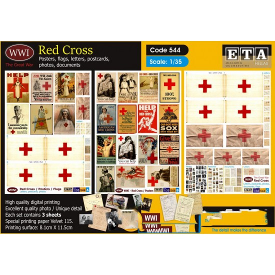 1/35 WWI Red Cross Posters, Flags, Letters, Photos (3 sheets)