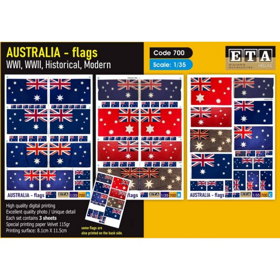 1/35 WWI, WWII, Historical, Modern Australian Flags (3 sheets) 1/35 WWI, WWII, Historical, Modern Australian Flags (3 sheets)
